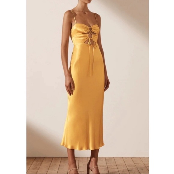 NWT Shona Joy Alma Lace Up Midi Dress Cocktail Cut Out Satin Gold Yellow Size 10 - Picture 11 of 12